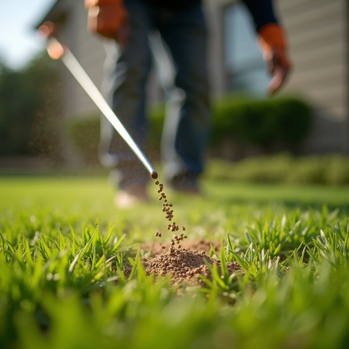 Calibrated broadcast spreader applying granular fire ant bait across residential Texas lawn