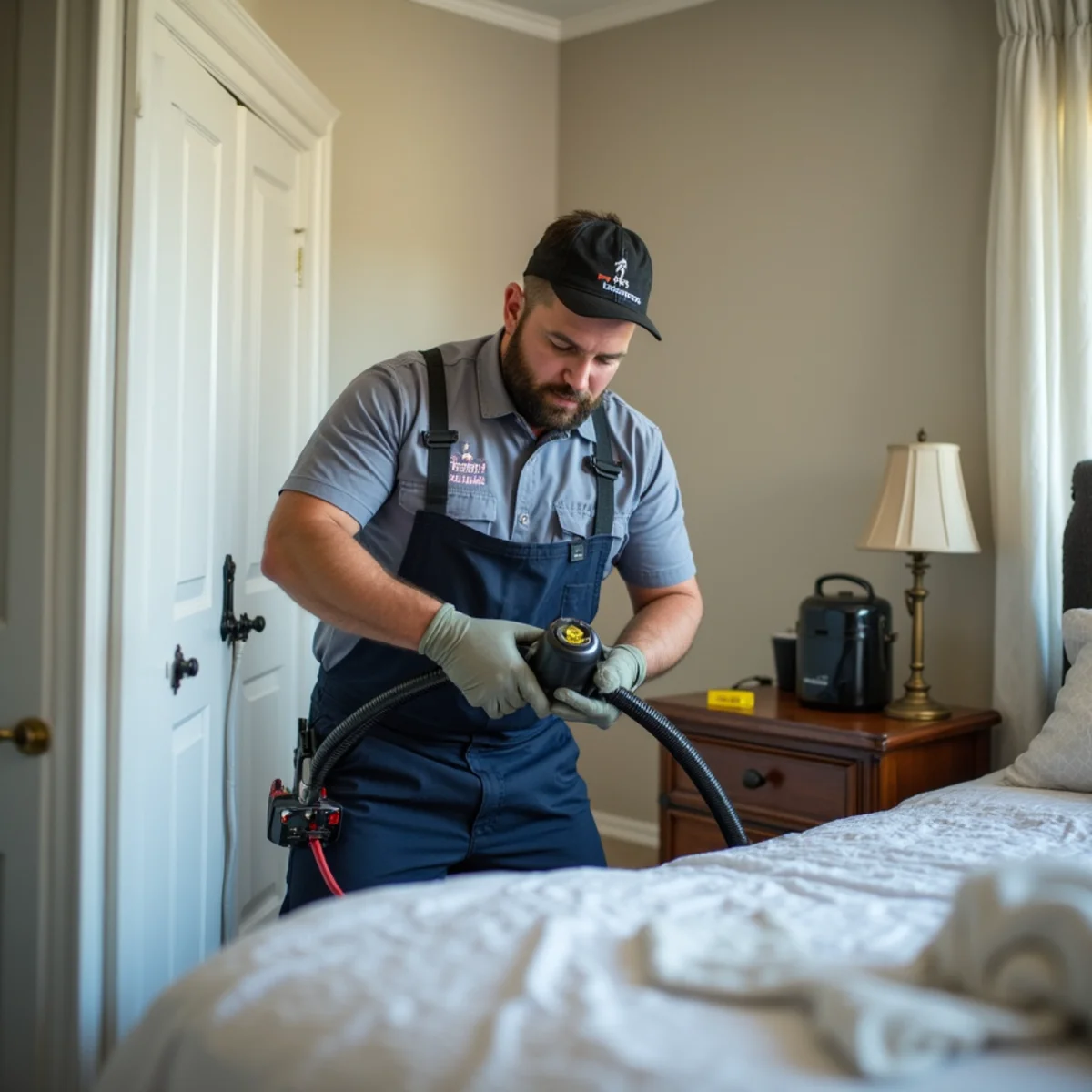 Certified technician conducting detailed bed bug inspection with LED light on mattress seam