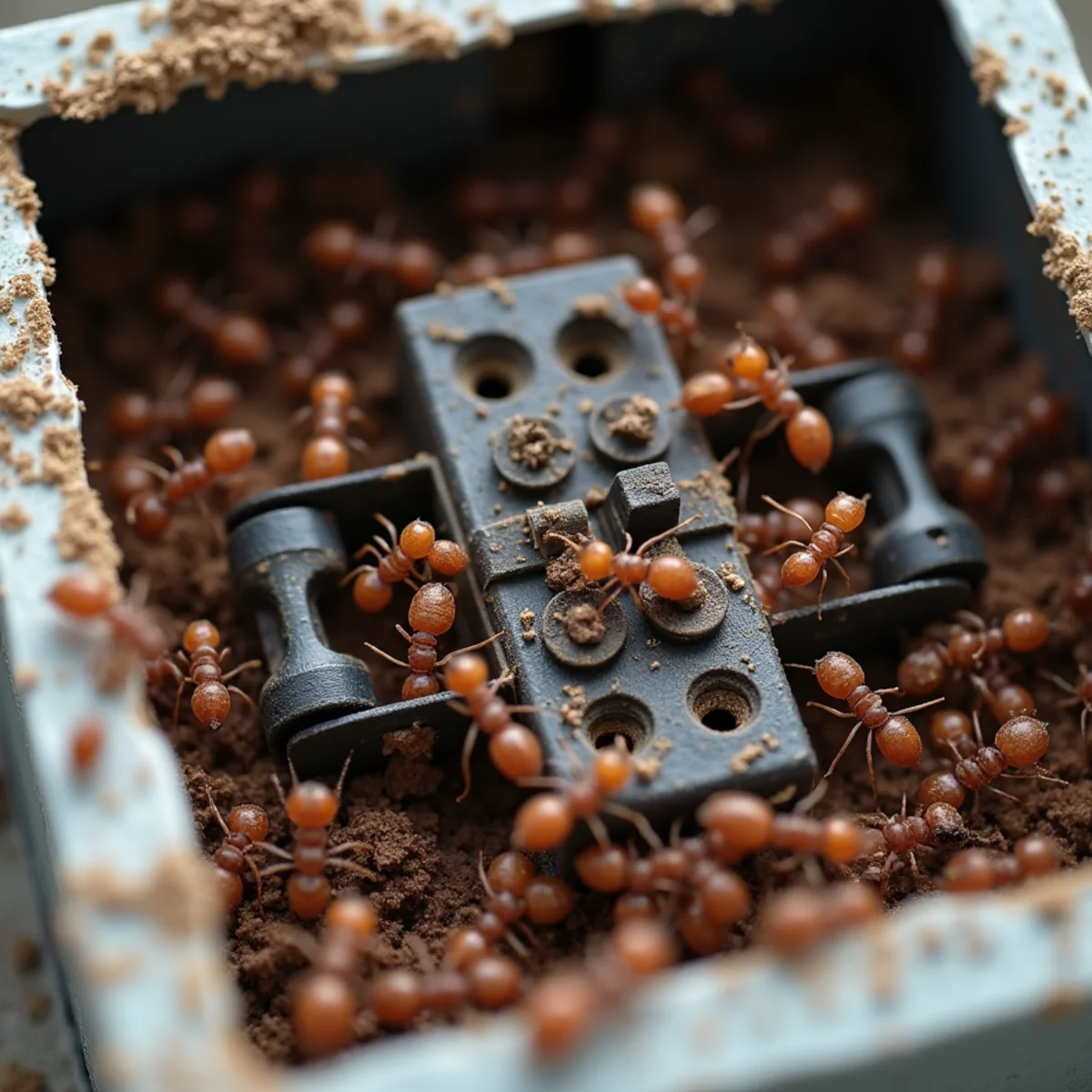 Technician inspecting dead tawny crazy ant mass short-circuiting outdoor air conditioner contactor