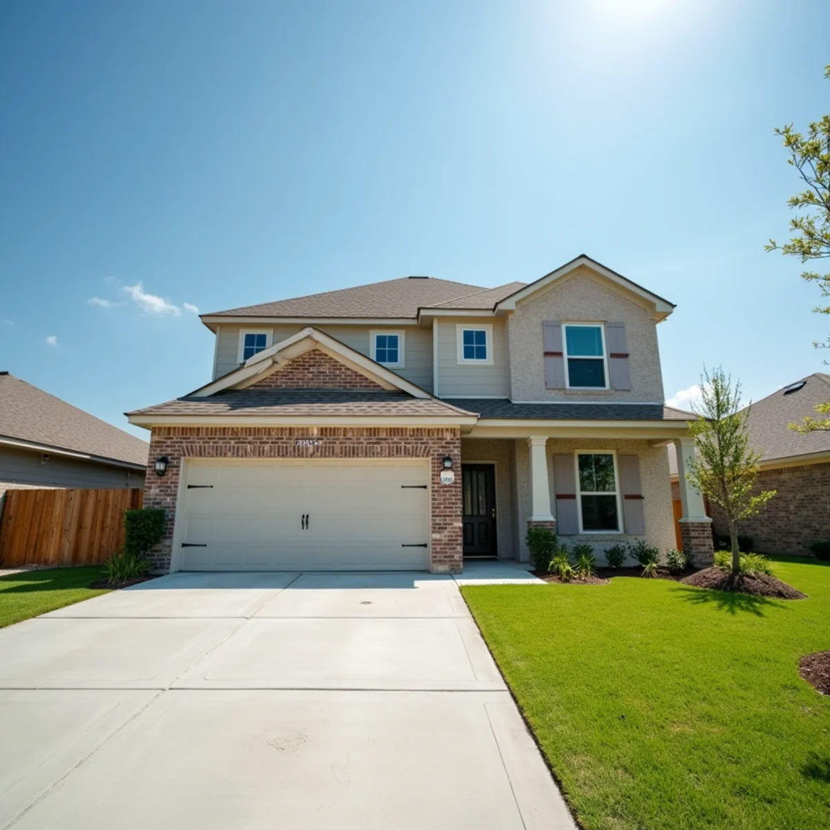 Newly constructed modern brick house in East Montgomery County with bare soil perimeter
