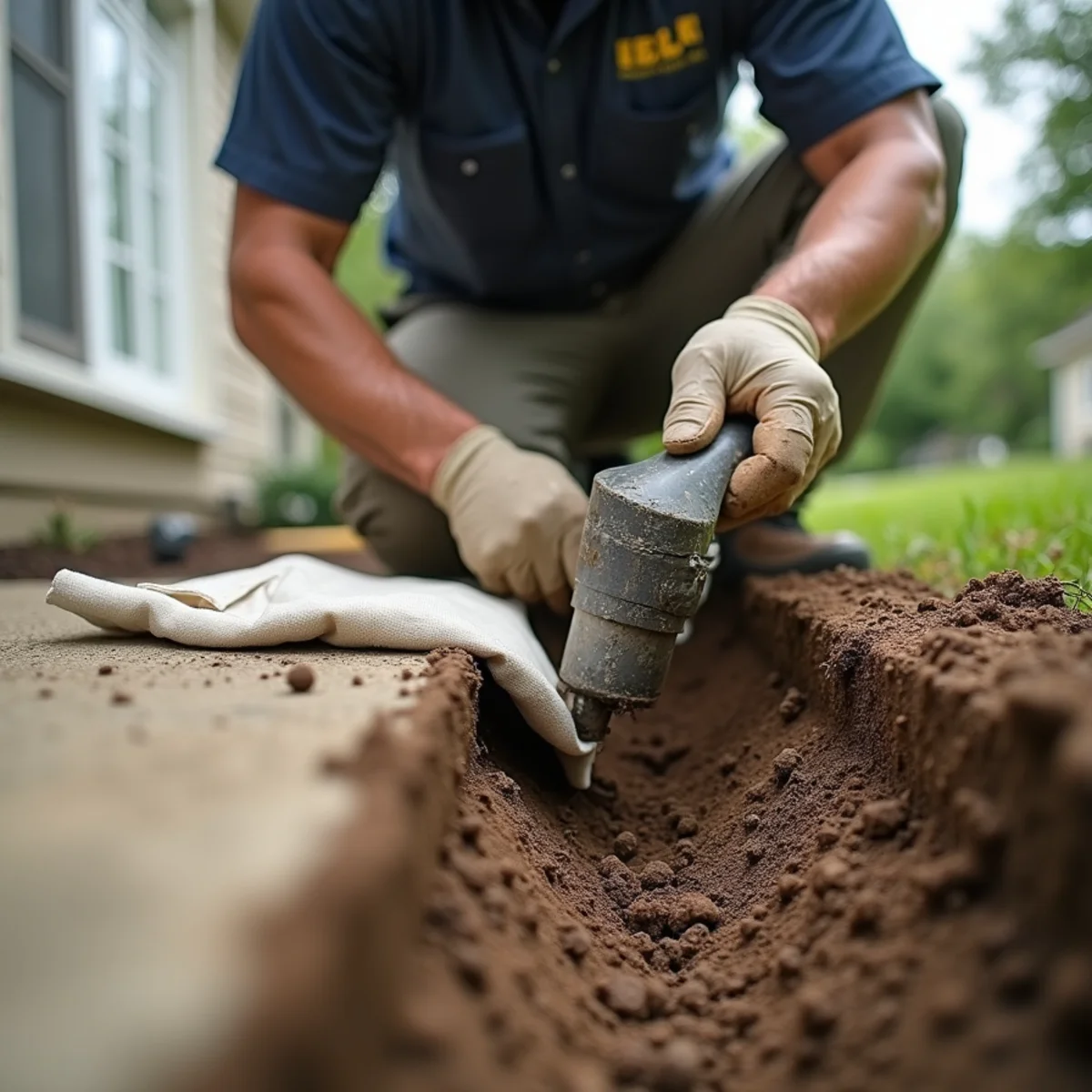 Trenching soil along concrete foundation beam and injecting liquid termiticide barrier