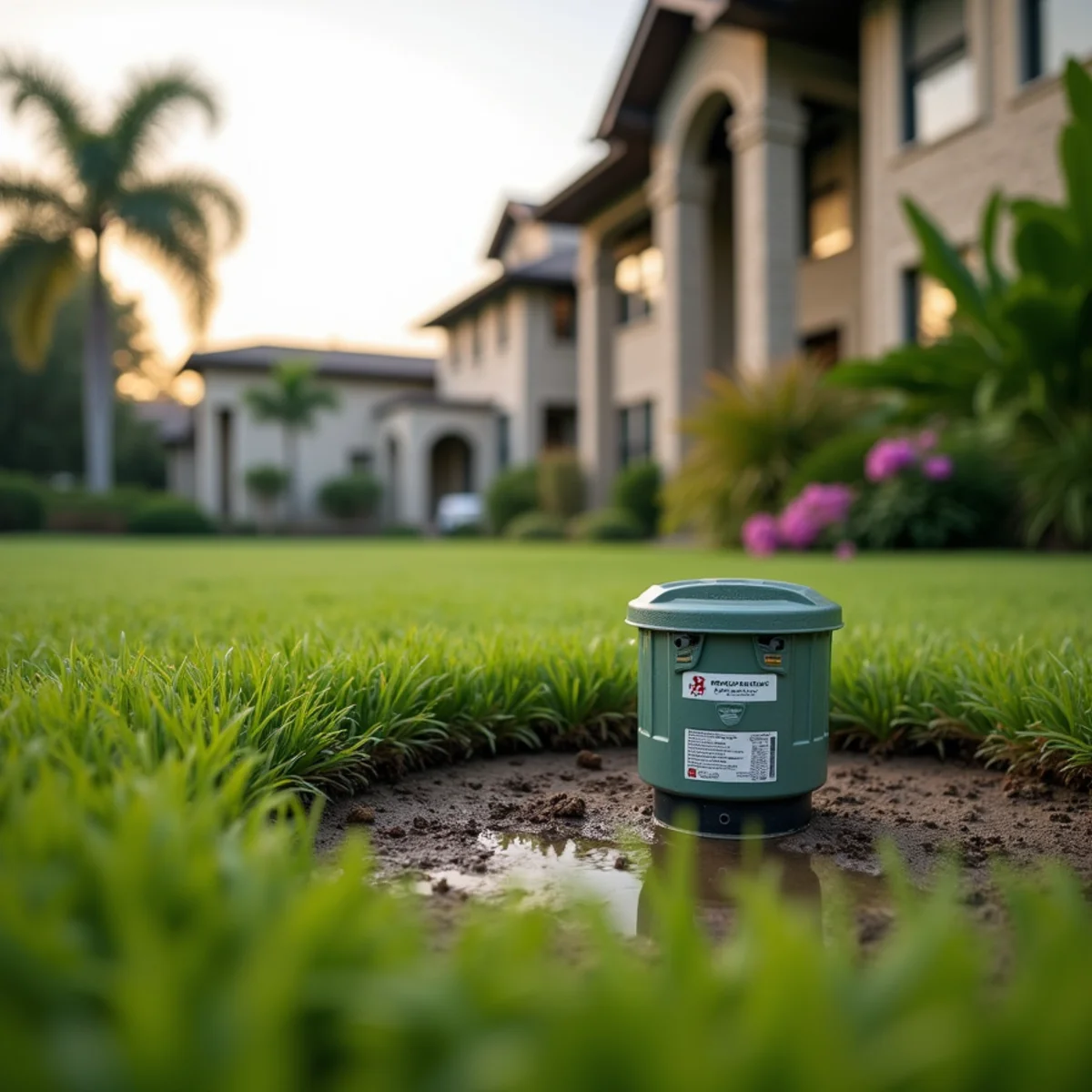 In-ground termite bait station installed flush with lawn near lakefront property