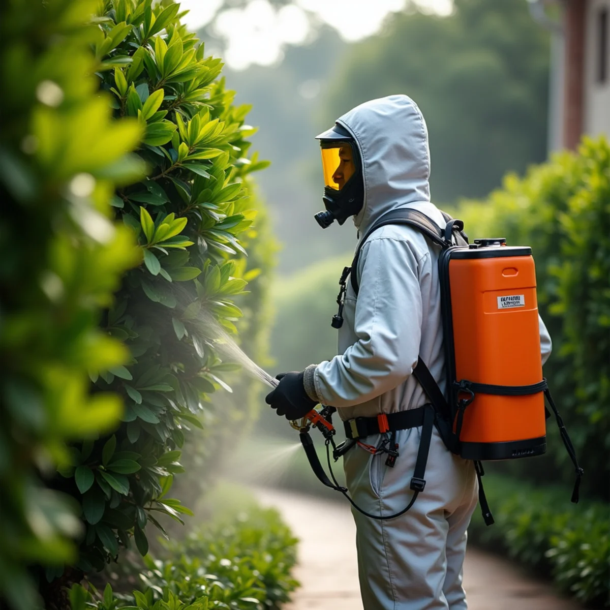 Licensed technician operating motorized backpack mist blower along shaded backyard hedge line