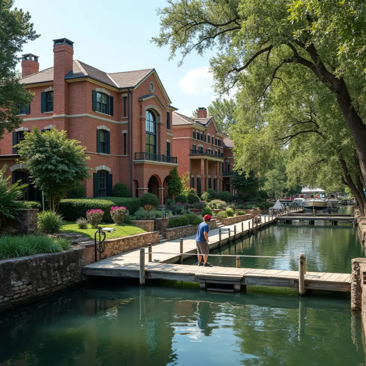 Waterfront residential homes and pine tree canopy along Lake Houston in Atascocita TX