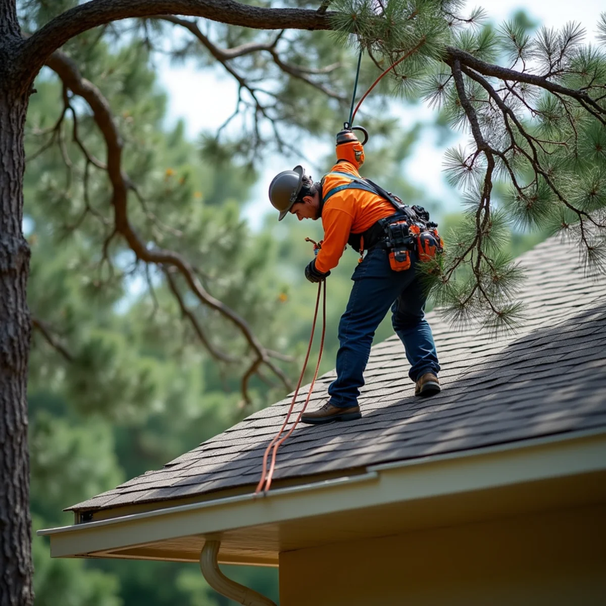 Technician inspecting overhanging pine limbs and roof return soffit gap on Kingwood home
