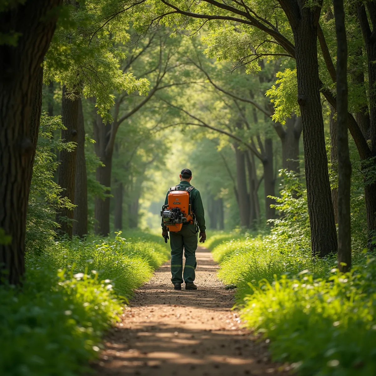 Wooded greenbelt trail and residential homes under tall pine forest in Kingwood TX