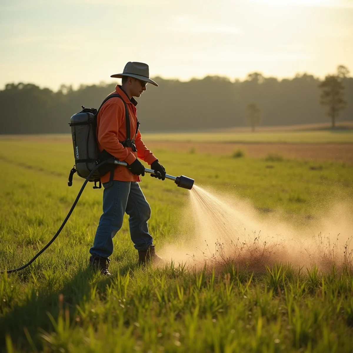 Broadcast granular fire ant baiting across open residential pasture in Tomball TX